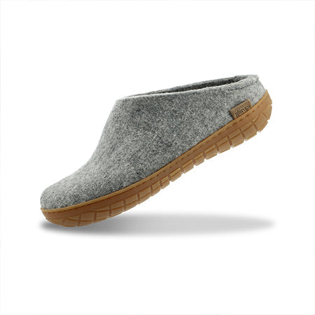 Gray slipper with a honey natural rubber sole