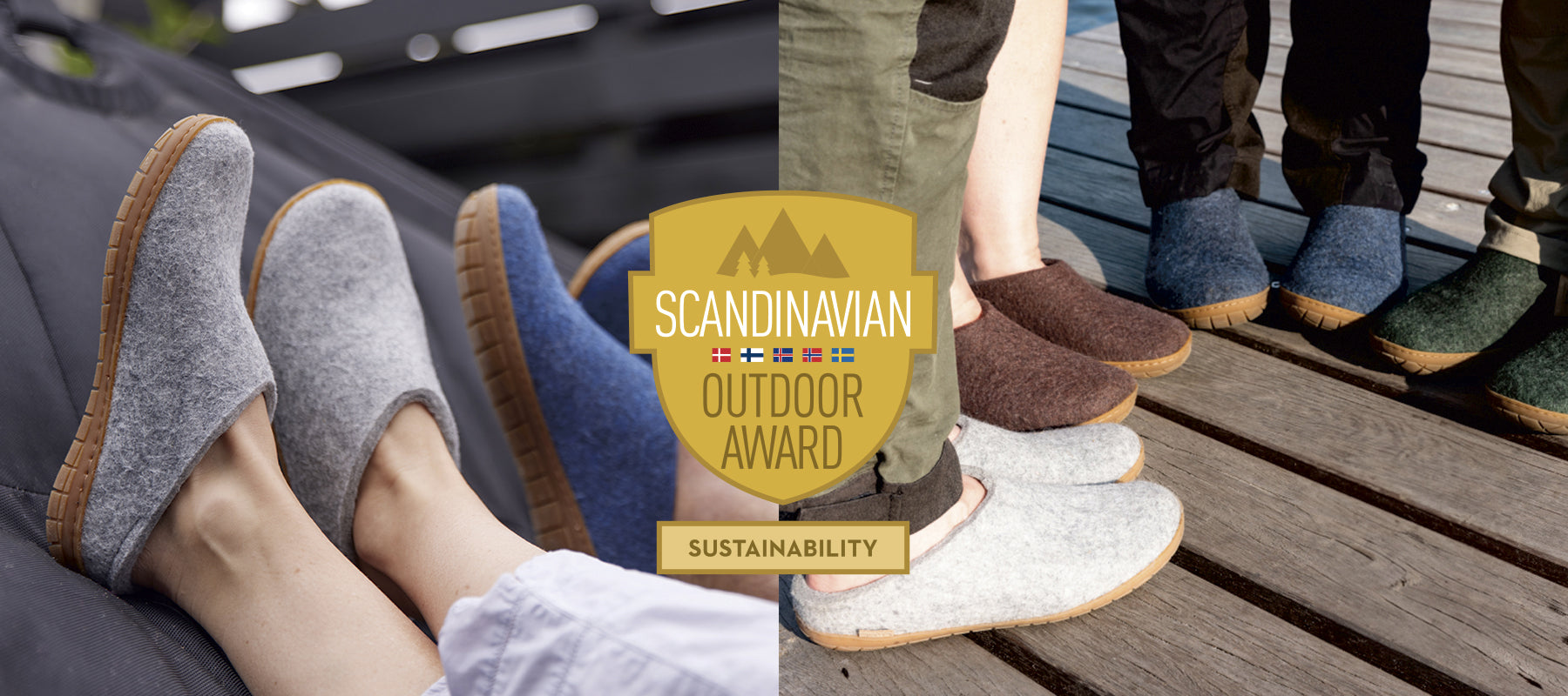 A group of individuals wearing glerups slip‑ons in multiple colors are standing and resting their feet on outdoor wooden decking. A large badge graphic in the center reads ‘SCANDINAVIAN OUTDOOR AWARD’ with small Nordic flags above and the word ‘SUSTAINABILITY’ below.