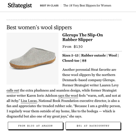 Picture of an article featuring a Grey glerups slip-on with a rubber sole, shown as part of a product recommendation.
