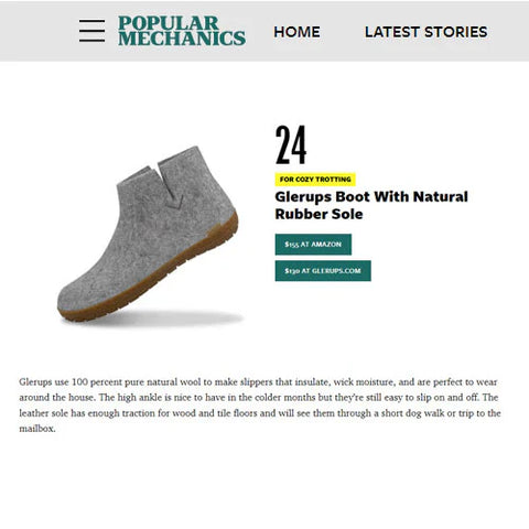 Picture of an article featuring a Grey glerups boot with a natural rubber sole, shown as part of a gift guide.