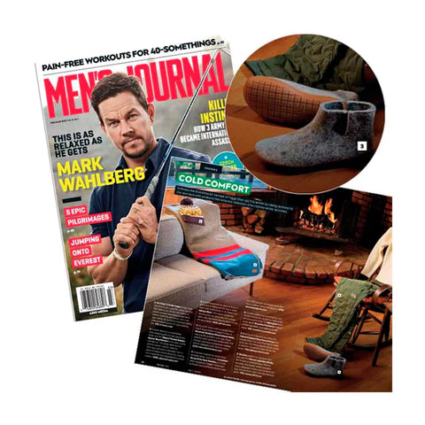 A collage of magazine pages featuring glerups slippers. One image shows a pair of grey glerups boot with natural soles placed near a fireplace, while another close-up highlights the texture and sole of the slipper.